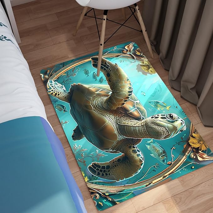 Sea Turtles Rug - Seafloor Turtle Area Rug for Kids 35" L x 23" W Fish Ocean Life Turtles Carpet Rugs for Bedroom Living Room Kids Room Decor