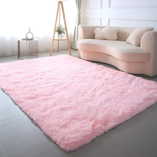 CAIYUECS Pink Area Rug for Girls Bedroom,Fluffy Shag Rugs for Living Room, 4x6 Feet Non-Slip Modern Furry Faux Fur Rugs for Nursery Kids Room,Fuzzy Plush Rug for Dorm Home Decor