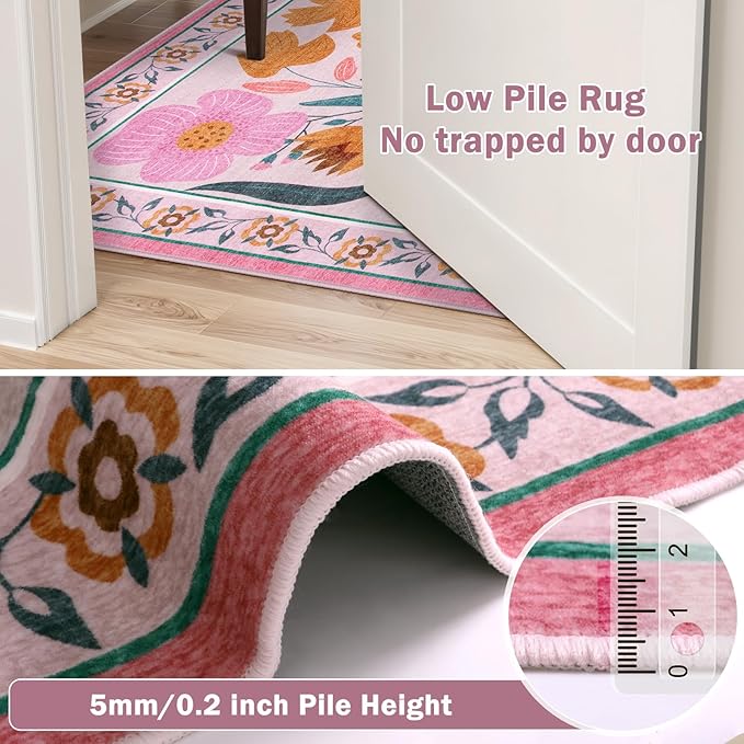 Beeiva Floral Pink Rugs for Living Room 8x10, Soft Washable Area Rugs Ultra Thin with Low Plie, Large Non Slip Throw Carpet for Bedroom Nursery Dining Room (Pink,8'x10)
