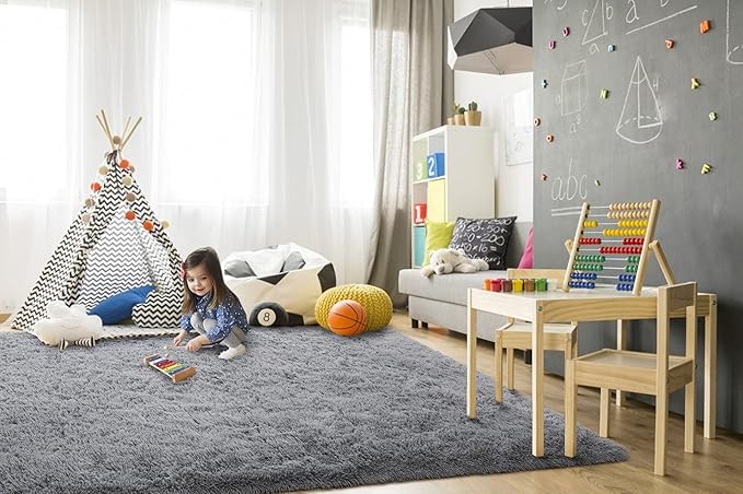 TWINNIS Super Soft Shaggy Rugs Fluffy Carpets, 8x10 Feet, Indoor Modern Plush Area Rugs for Living Room Bedroom Kids Room Nursery Home Decor, Upgrade Anti-Skid Rectangular Fuzzy Rug, Grey