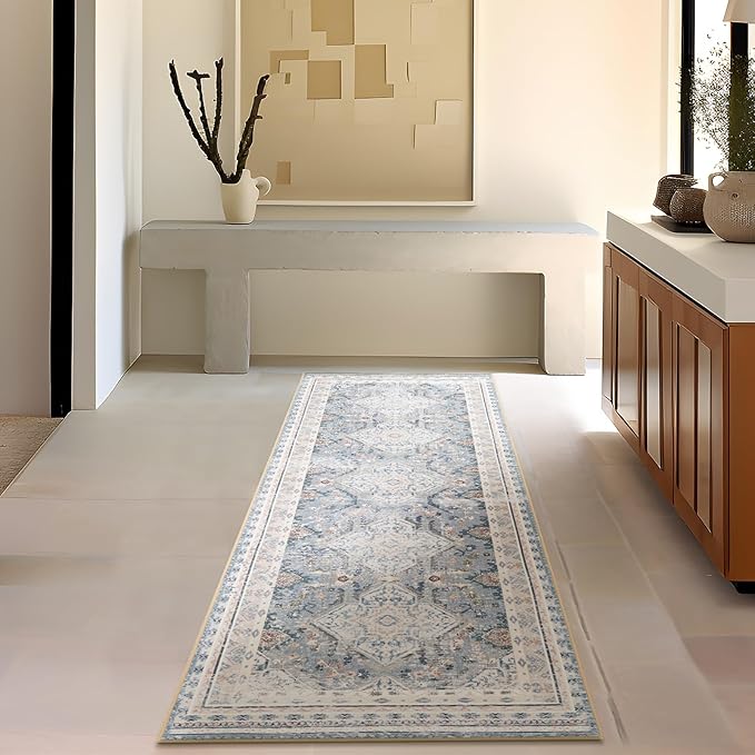Phantoscope Hallway Runner - Boho Washable Non-Slip Kitchen Rug, 2'x6', Ultra-Thin Vintage Distressed Accent Throw for Entryway, Laundry, Bathroom, Bedroom, Dusty Blue/Multi