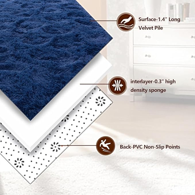 Shag Area Rugs for Living Room, Soft Fuzzy Plush Rugs, Upgrade Anti-Skid Modern Furry Rugs Fluffy Carpets for Kids Room Nursery Home Decor Dark Blue, 5X7 Feet