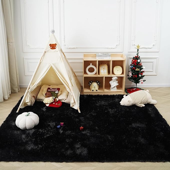 Fluffy Rug Shaggy Area Rug, Black 4x6 Area Rugs for Bedroom, Small Bedside Rug, Soft Fluffy Shaggy Entryway Throw Rugs for Living Room Bedroom Kids Room Home Decor