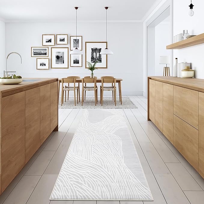 Modern Abstract Entryway Rug 2x6 - Grey/White Washable Soft Faux Wool Contemporary Lines Non-Slip Low Pile Indoor Runner