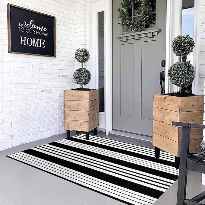 BUAGETUP Black and White Outdoor Rug 3'x 5' Hand-Woven Cotton Washable Rug Striped Front Porch Rug Machine Washable Indoor/Outdoor Area Rug Floor Mat for Farmhouse/Layered Door Mats/Living Room