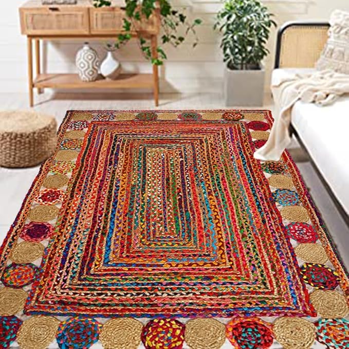 GRUHUM Jute Cotton Area Rug 8x10ft -Natural Multicolour Handwoven Boho Chindi Farmhouse Soft Braided Rustic Vintage Eco Friendly Rug for Indoor Kitchen Bedroom Living Room Hallways Enterways 8x10ft