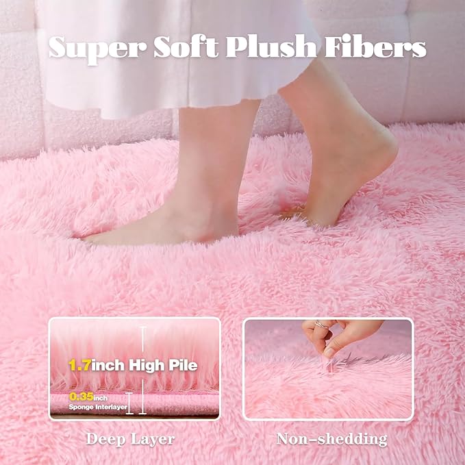 4FT Round Rug for Bedroom: Fluffy Shag Soft Washable Rugs Circle Small Fuzzy Plush Indoor Carpet for Living Room Nursery Playroom Dorm Kids Girls Boys Room (Pink, 4'x4')