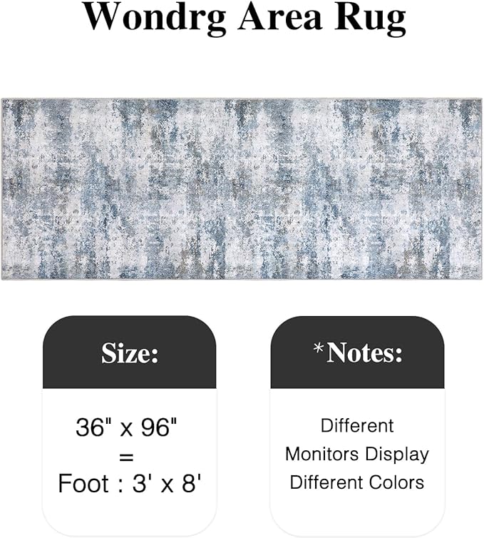 3x8 Washable Rug Grey Blue Entryway Rugs Hallway Area Rug Indoor Accent Rug Abstract Non Slip Low Pile Carpet Distressed Throw Rugs for Bedroom Living Office Dining Kitchen