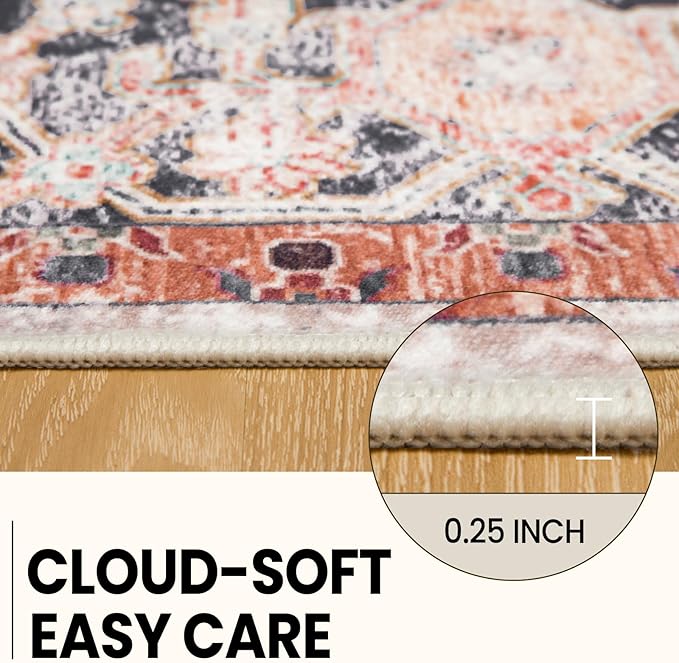 Washable 9x12 Area Rugs, Rugs for Living Room, Low-Pile Water&Stain Resistant Carpet Vintage Distressed Printed Non-Slip Carpet for Bedroom Bathroom Kitchen-Dark Red
