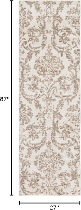Nourison Jubilant Damask Ivory Beige 2'3" x 7'3" Area Rug, Easy Clean, Non Shedding, Bed Room, Living Room, Dining Room, Kitchen (2x7)