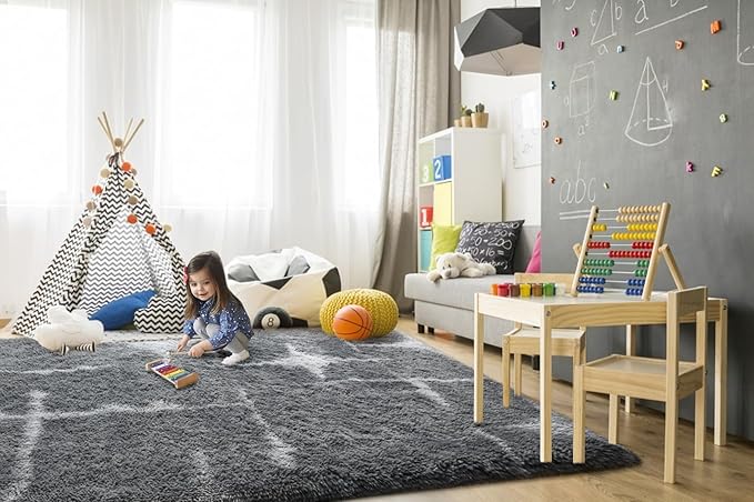 TWINNIS Super Soft Shaggy Rugs Fluffy Carpets, 4x5.9 Feet, Indoor Modern Plush Area Rugs for Living Room Bedroom Kids Room Nursery Home Decor, Upgrade Anti-Skid Rectangular Fuzzy Rug, Grey Star