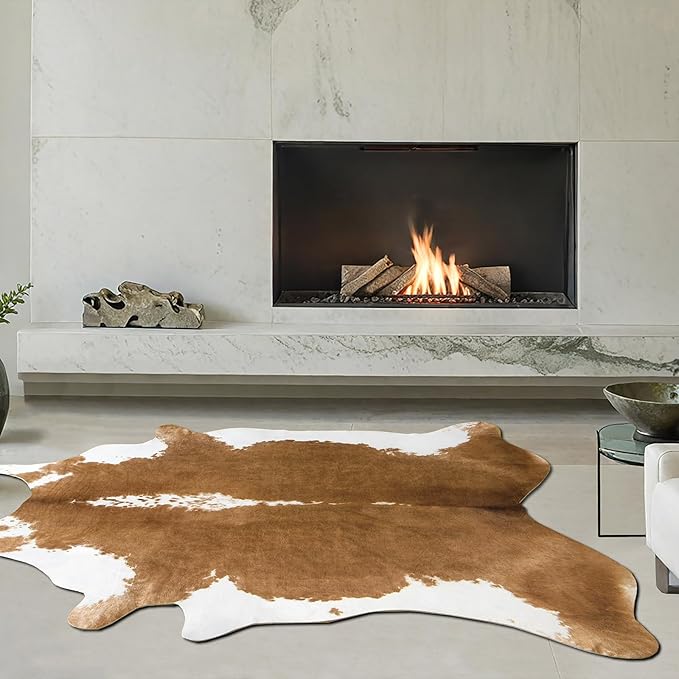 BENRON Premium Faux Cowhide Rug, Cow Print, Rustic Western Rugs for Living Room Bedroom, Irregular Animal Skin Hides, 4.6 x 5.2ft, Anti-Skid Cool Carpets for Cowboy Cowgirl Home Decor, Khaki Brown