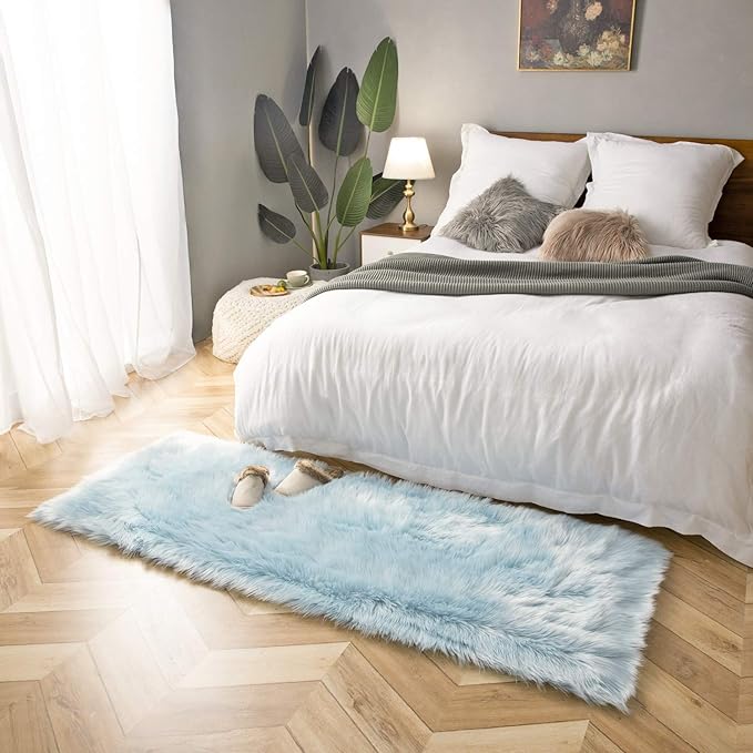 Ashler faux fur rug, Fluffy Shaggy Area Rug Ultra Soft 2.2 x 6 Feet Rectangle Fur Rug, Light Blue Fuzzy Rug Machine Washable Shag Rug, Nursery Decor Throw Rugs for Bedroom, kids room, Living Room