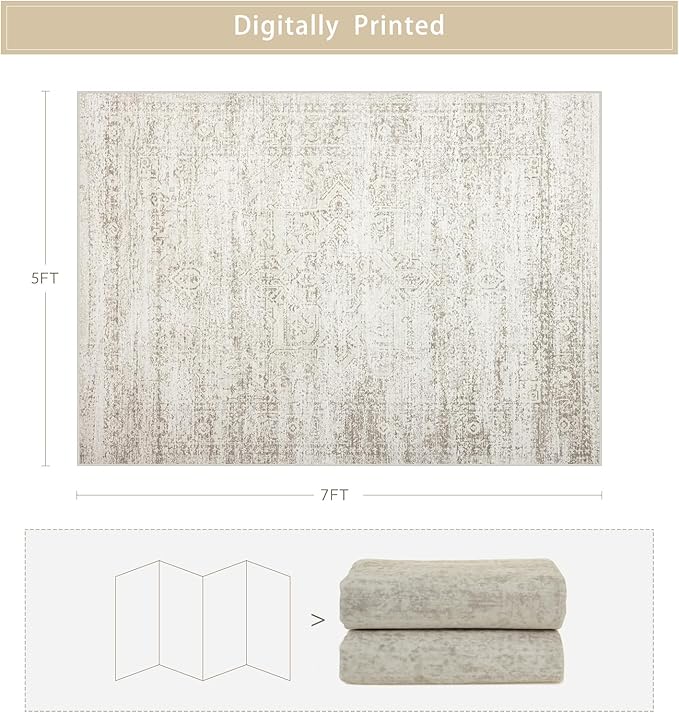 Washable Rugs 5x7 Area Rugs for Living Room,Rugs for Bedroom, Large Carpets,Ultra Soft Faux Wool Retro Dining Room Rug,Non Slip&Non-Shedding Low Pile Vintage Print Rug for Home Office Decor