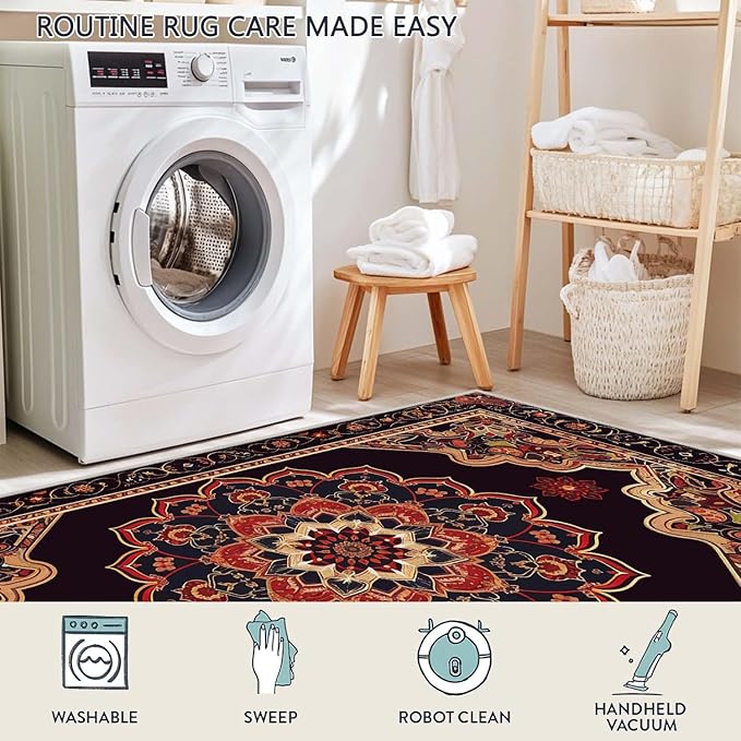 2x3 Entryway Rug Boho Black Red Vintage Oriental Area Rug Ultra-Thin Soft Small Carpet Bathroom Non Slip Indoor Entrance Low Pile Door Mat Kitchen Stain Resistant Washable Machine