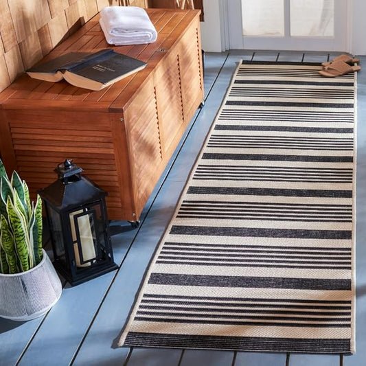 SAFAVIEH Courtyard Collection Runner Rug - 2'3' x 8', Black & Bone, Stripe Design, Non-Shedding & Easy Care, Indoor/Outdoor & Washable-Ideal for Patio, Backyard, Mudroom (CY6062-216)
