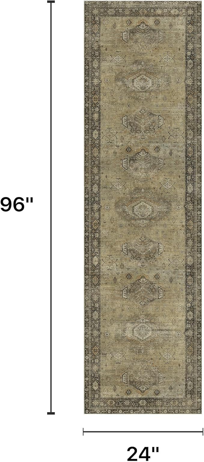 2x8 Runner Rug Non Slip, Machine Washable Rug Runners for Hallways, Vintage Distressed Print Kitchen Runner, Low Pile Lightweight Carpet Runner for Entryway, Laundry, Bedroom, Bathroom Sage Green