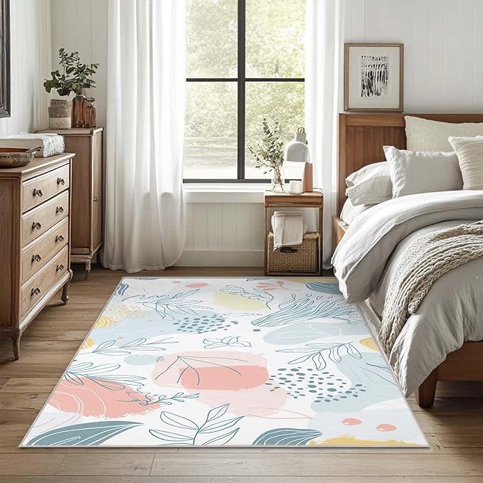 4x6 Rug Boho Minimalist Botanical Leaf Area Rug Bedroom Soft Thin Low Pile Large Carpet Living Room Non Slip Office Dining Room Stain Resistant Washable Machine