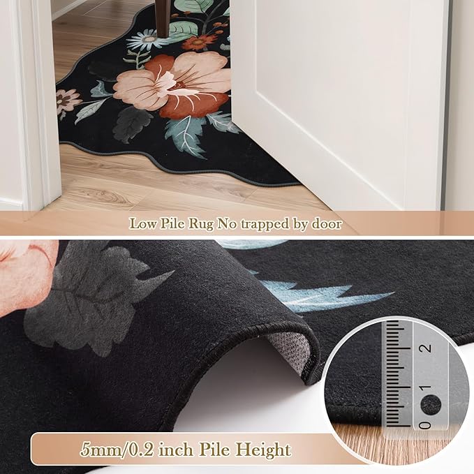 Beeiva 5x7 Rugs for Living Room, Floral Washable Area Rug for Bedroom Under Bed, Thin Low Pile Foldable Large Carpet for Office, Playroom, Dining Room - Black
