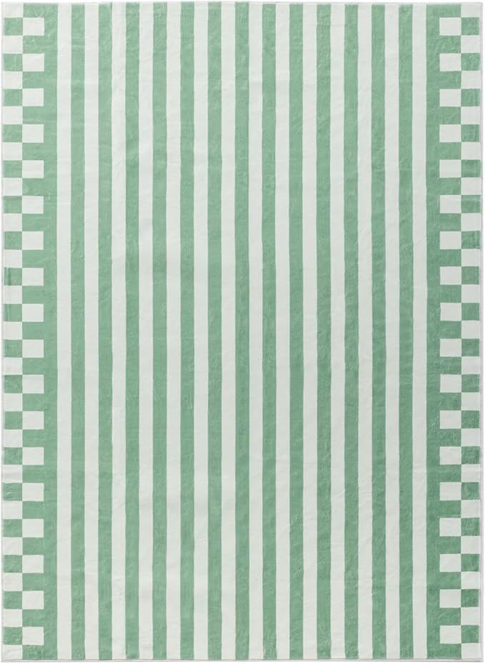 Carvapet Green Rugs for Living Room Bedroom, Striped Low Pile Modern Large Carpet with Rubber Backing, Foldable, Non Slip Machine Washable (9 x 6 Feet Rectangular, Green Area Rug)