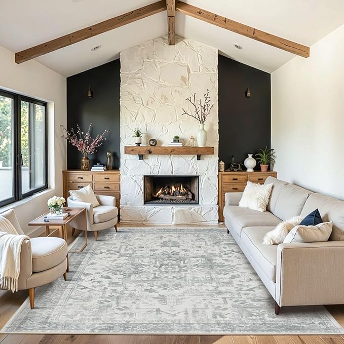 5X7 Washable Area Rug for Living Room, Neutral Vintage Large Boho Rugs for Office, Dining Room, Kids Room, Farmhouse, Durable Low Pile Non Slip Carpet for High Traffic Areas, Light Grey