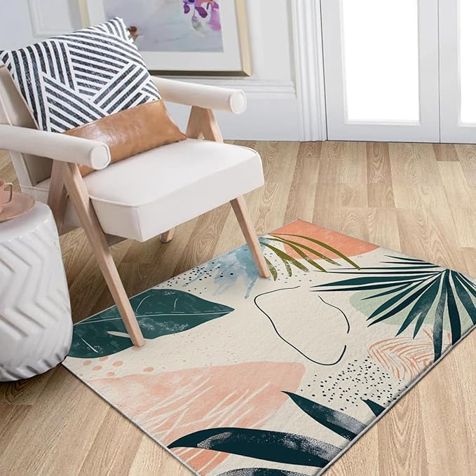 2x3 Area Rugs for Living Room Machine Washable Boho Botanical Rug Non Slip Printed Abstract Plant Rug Carpet Friendly Modern Rug for Bathroom Bedroom Dining Room Kitchen