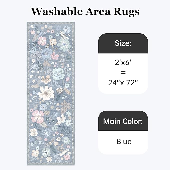Kitchen Runner Rug 2x6 Washable Non Slip Soft Boho Floral Carpet Runner for Hallways Low Pile Thin Faux Fur Long Area Rug for Bedroom Entrance Patio Laundry Room Bathroom,Pastel Blue