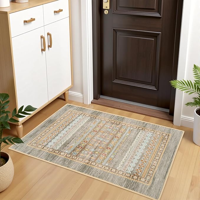 2x3 Small Western Rugs for Entryway, Washable Aztec Geometric Indoor Entrance Door Rug with Non-Slip Backing, Soft Moroccan Throw Rug for Bedroom Kitchen Home Office, Beige & Oliver Green
