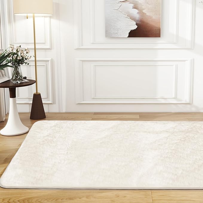 Ultra Soft Kitchen Rugs for Entryway Bathroom 2x3 Feet, Fuzzy Washable Indoor Door Mat - Cozy Faux Rabbit Fur, Small Carpet for Bedroom Entry (Beige)