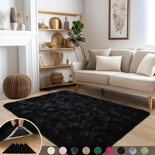 Black Rugs for Bedroom, 3x5 Feet Fluffy Area Rugs for Living Room, Soft Shag Kids Rug Small Carpet with 4 Non-Slip Rug Pads (3ft x 5ft, Black)