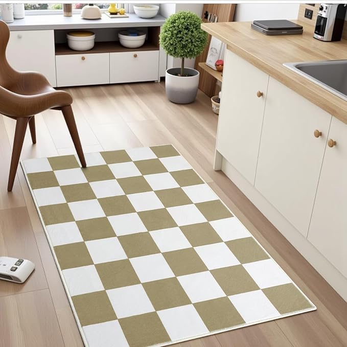 Terrug Beige and White Small Checkered Rug for Bedroom, 2x3 Soft Washable Rug with Non Slip Backing, Low Pile Throw Carpet for Entryway Hallway Kitchen Laundry Room
