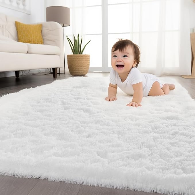 Zentavio White Area Rugs for Bedroom Soft Large Living Room Rugs 5x8 Fluffy Furry Shag Aesthetic Carpet Plush High Pile Floor Rug for Nursery Kids Room Dorm Home Decor