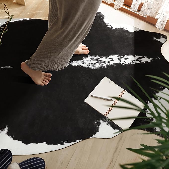 BENRON Premium Cowhide Rug Black, Faux Cow Hide Rugs for Living Room Bedroom Western Home Decor, Non Slip Cute Rug with Irregular Animal Skins and Hides, 4.6 x 5.2ft