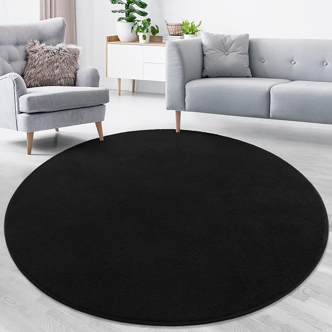 Lascpt Round Rug for Bedroom 4x4, Black Circle Rug for Living Room Super Soft Thicken Memory Foam Circular Rug, Non-Slip Indoor Area Rug for Modern Home Decor, Round Carpet for Nursery Kid's Room