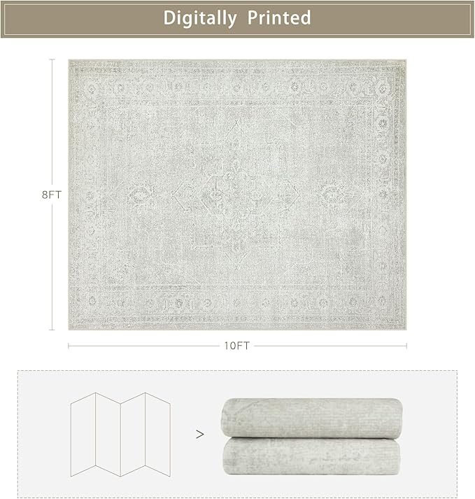 Washable Rugs 8x10 Area Rugs for Living Room,Bedroom,Dining Room- Large Ultra Soft Faux Wool Retro Carpets,Non Slip&Non-Shedding Low Pile Vintage Carpet for Home Office,Concrete Grey
