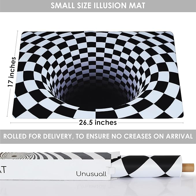 3D Optical Illusion Rug - Vortex Illusion Floor Mat for Door Entrance, Bathroom, Stairs, playroom, Living Room, or Area (Black and White, 26.5 x 17 Inch)