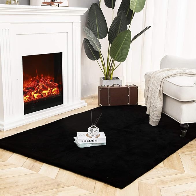 Ashler Faux Fur Rug, Ultra Soft Faux Rabbit Fur, Black Area Rugs, 4 x 6 Feet Rectangle, Machine Washable Nursery Decor Throw Rugs for Bedroom, Kids Room, Living Room