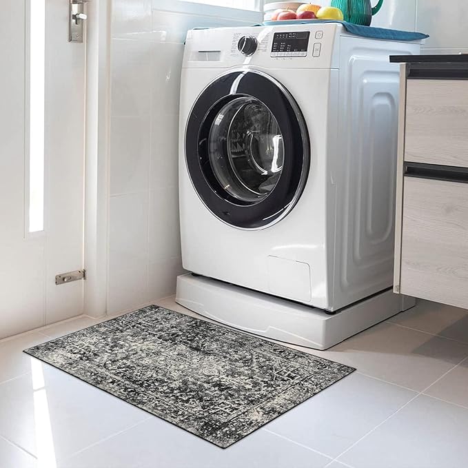 Morebes Vintage 2x3 Black Entryway Rugs, Washable Kitchen Rug Non Slip Indoor Door Mat, Medallion Stain-Resistant Soft Low Pile Throw Carpet for Entrance Bathroom Bedroom