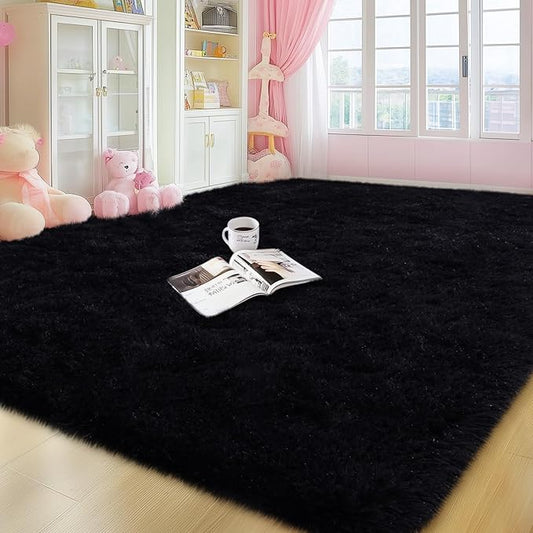 Black Rugs for Living Room, Large Fluffy 6x9 Area Rugs for Bedroom, Soft Shag Shaggy Fuzzy Carpets for Boys and Girls Dorm Room Home Decor (6ft x 9ft, Black)