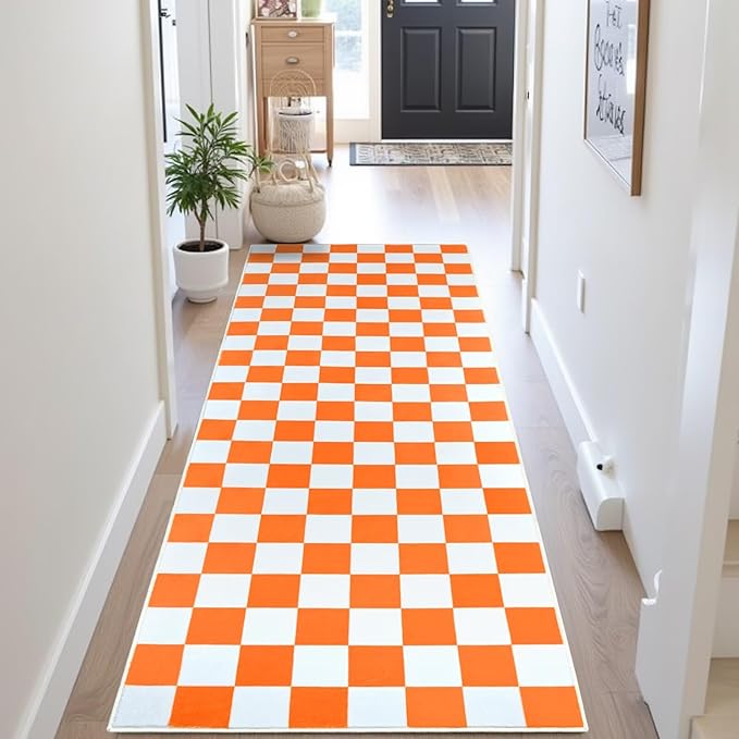 Terrug Orange and White Checkered Runner Rug for Bedroom, 2x6 Soft Washable Rug with Non Slip, Low Pile Stain Resistance Carpet for Entryway Hallway Kitchen Laundry Living Room