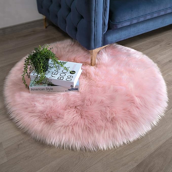 Ashler Faux Fur Rug, Pink Fluffy Shaggy Area Rug, Soft 3x3 Ft Round Fur Rug, Fuzzy Machine Washable Carpet, Nursery Rug for Kids Bedroom, Living Room
