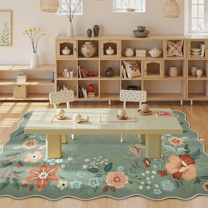 Beeiva Green Area Rug 5x7, Ultra Thin Low Pile Dining Room Rugs for Under Table, Floral Washable Large Carpet for Living Room, Playroom, Office - Green