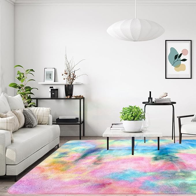 Ultra Soft Area Rug 4x6 Feet, Cosy Fuzzy Faux Fur Area Rug,Indoor Modern Plush Washable Shaggy Rugs for Bedroom Living Room Home Decor, Fluffy Carpet for Kids Room,Nursery,Dorm (Rainbow)