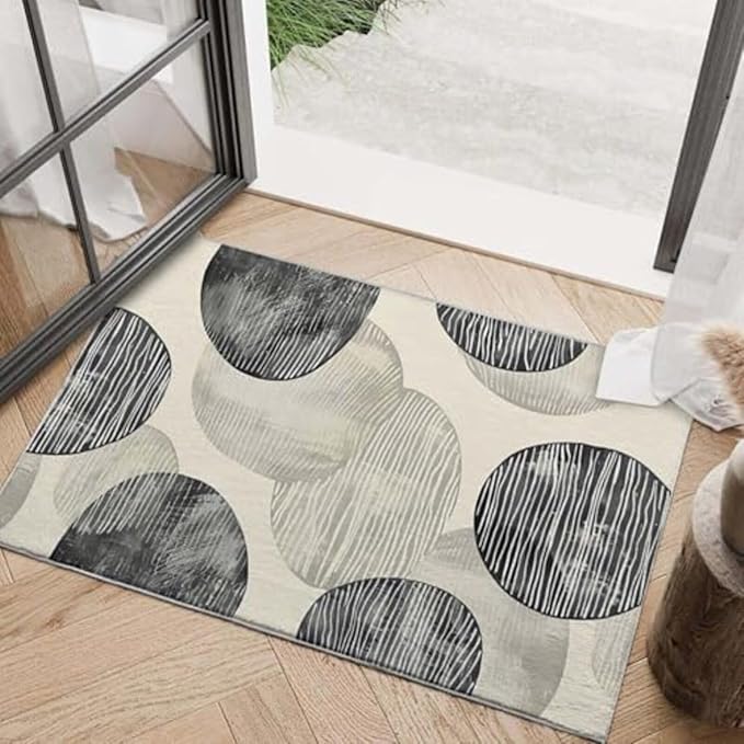 2x3 Entryway Rug Abstract Minimalist Black Beige Circle Design Neutral Area Rug Ultra-Thin Small Carpet Bathroom Non Slip Indoor Entrance Low Pile Door Mat Kitchen Stain Resistant Washable Machine