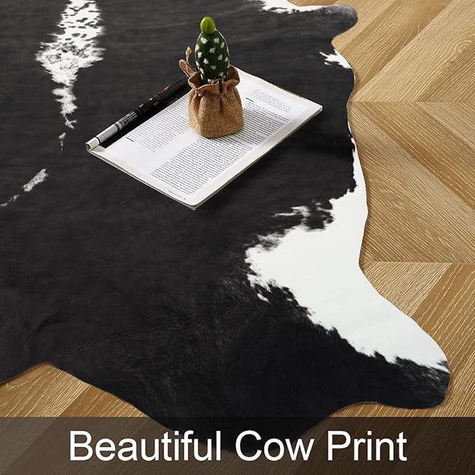 AROGAN 8x10 Feet Faux Cowhide Area Rugs for Living Room, Animal Skins Cow Hide Rug for Bedroom, Cool Western Christmas Decor, Thin Leather Cow Hide Carpets Fireplace Rug, Black
