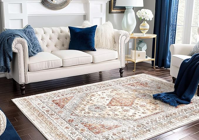 Rug for Living Room-Washable Area Rugs 5'x7' for Bedroom, Ultra-Soft Non-Shedding Faux Wool Vintage Design Boho Low Pile Mat Throw Carpet,Stain Resistant Rugs with Non-Slip Backing（Light Color）