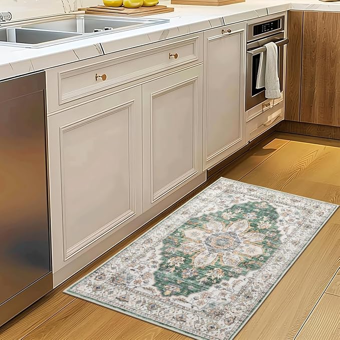 Green Area Rug 2x3 Small Vintage Rug, Ultra-Thin Washable Entryway Rug Soft Non Slip Bathroom Mat Oriental Medallion Indoor Accent Throw Carpet for Kitchen Sink Bedroom Laundry Room