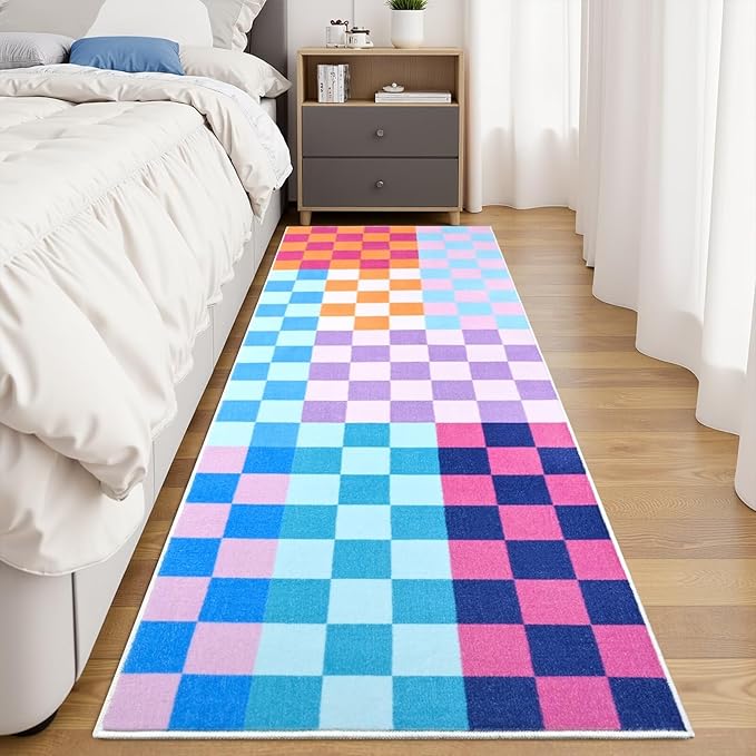 Terrug Multicolored Checkered Runner Rug for Bedroom, 2x6 Soft Washable Rug with Non Slip, Low Pile Stain Resistance Carpet for Entryway Hallway Kitchen Laundry Living Room