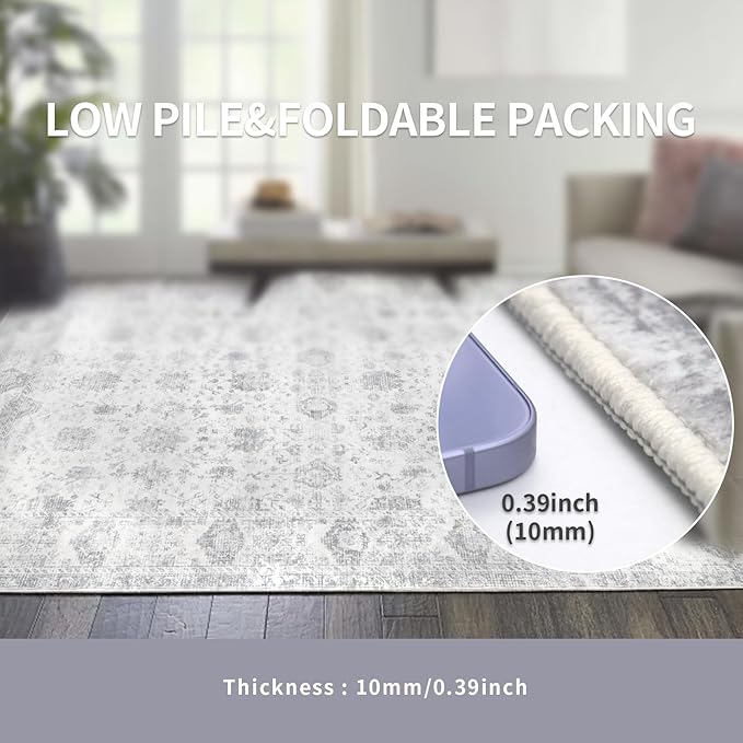 Washable 8×10 Area Rug for Living Room, Vintage Floral Rug Soft Non Slip Stain Resistant Boho Carpet for Bedroom Dinning Room Kitchen Home Office Grey