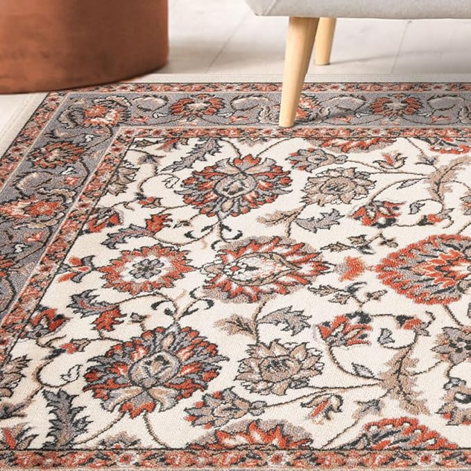 Superior Indoor Area Rug, with Jute Backing, Chic Bordered Floor Decor for Living Room, Bedroom, Office, Entryway, Kitchen, Dining, Floral Design, Lille Collection, 5' x 8', Salmon